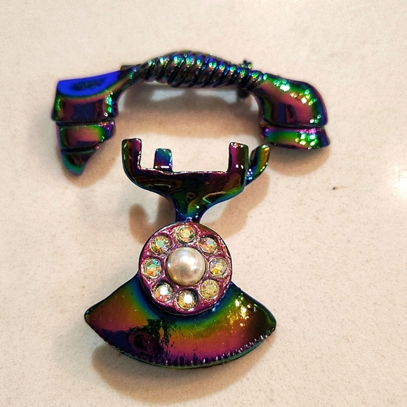 Funky Vintage 1960s Two Piece Telephone Brooch Blue Rainbow Chrome Faux Pearls - Picture 1 of 5